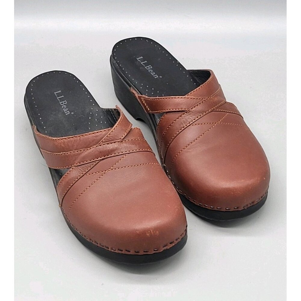 L L Bean Womens Brown Leather Clogs Mules Sz 38/7